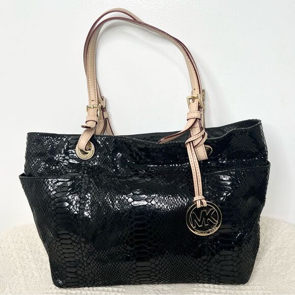 Michael Kors Snake Embossed Leather Jet Set Tote Shoulder Bag Black - Picture 1 of 12